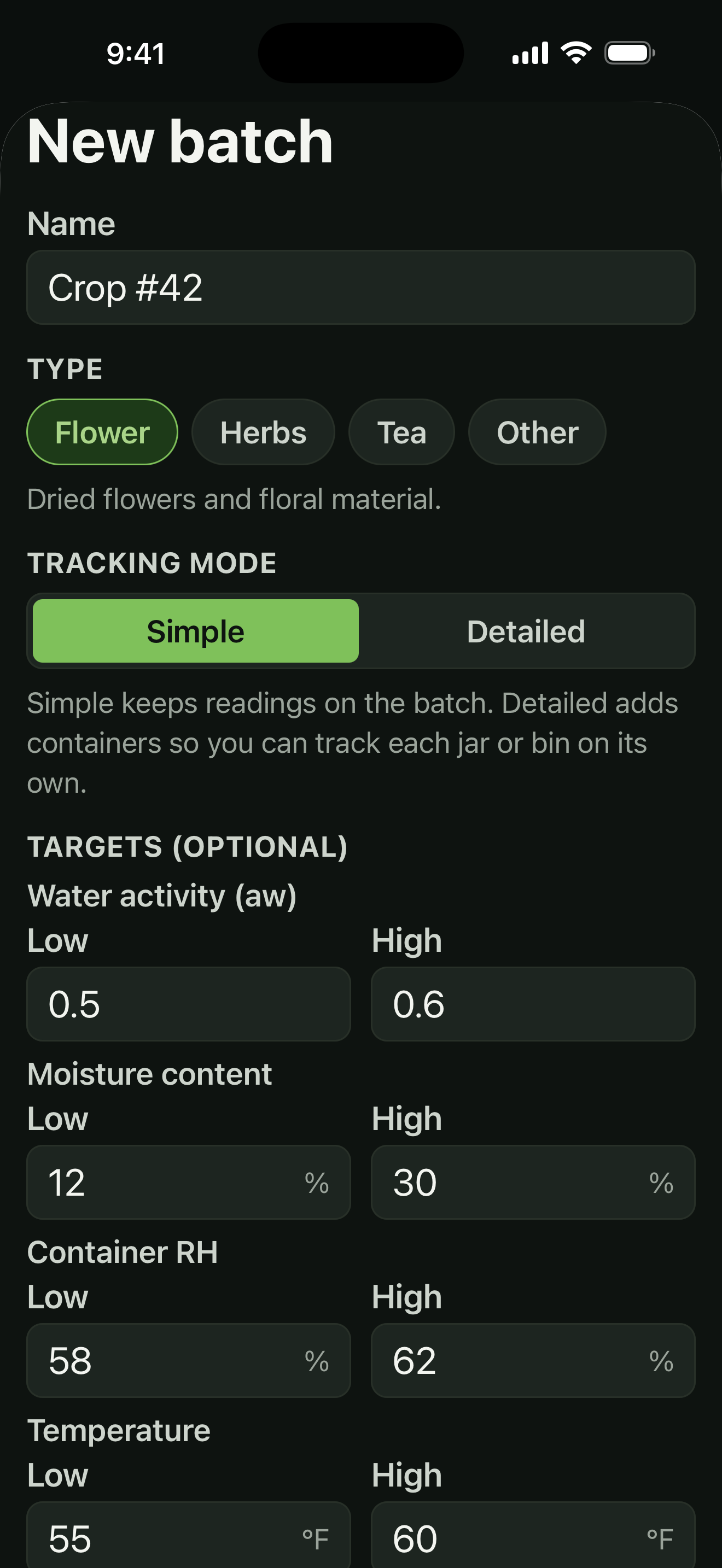 Cure new batch screen with Simple and Detailed tracking modes and target ranges