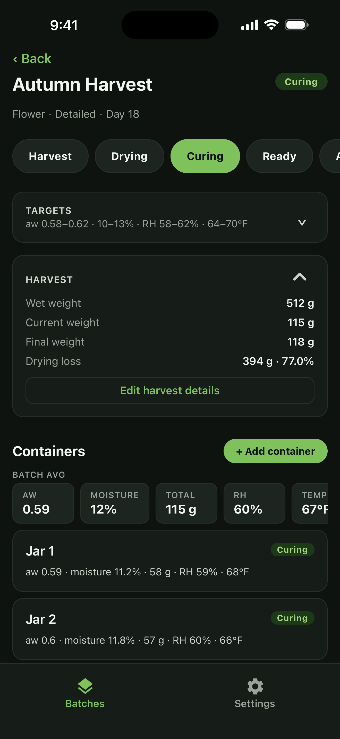 Cure batch detail showing targets, harvest weights, drying loss, and containers