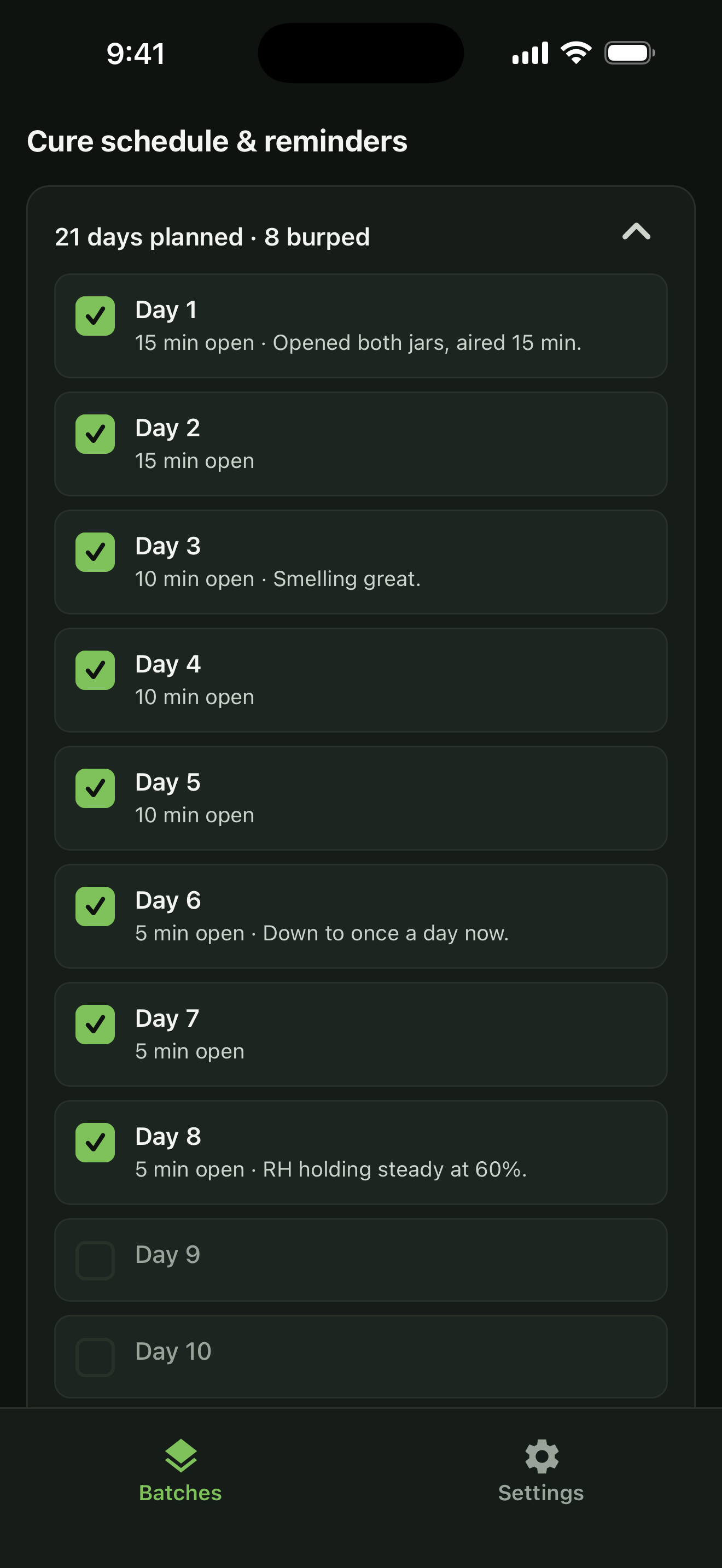 Cure burp schedule checklist with days burped against days planned