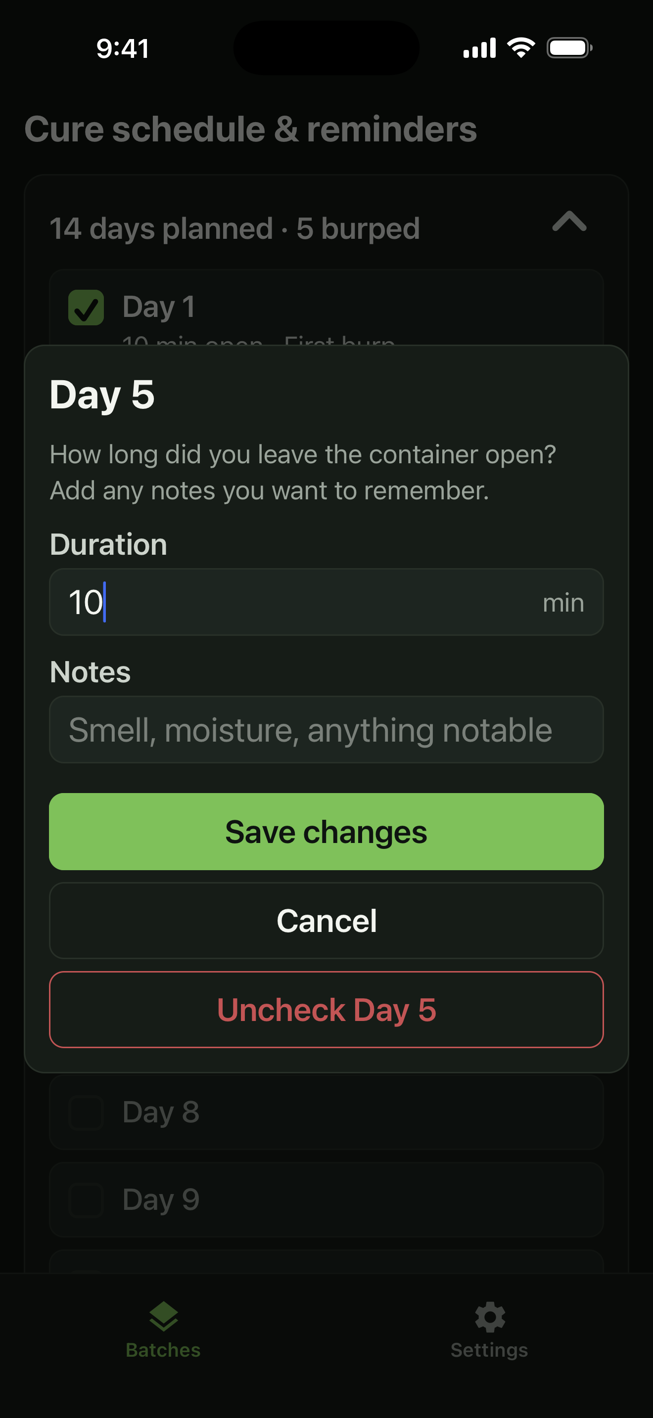 Cure burp entry with open duration and notes