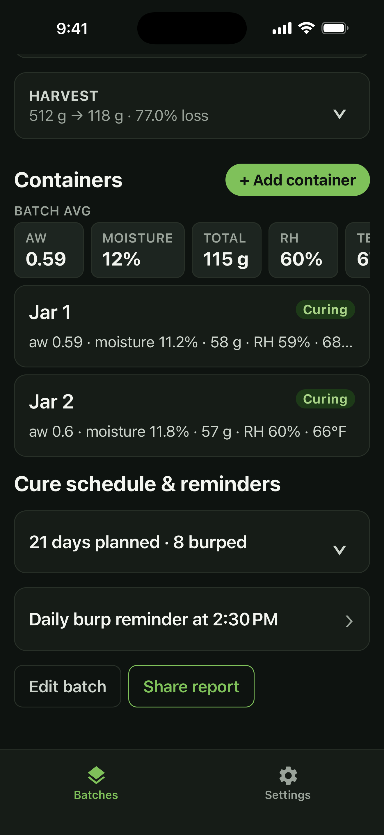 Cure batch containers section showing Jar 1 and Jar 2 with their own readings