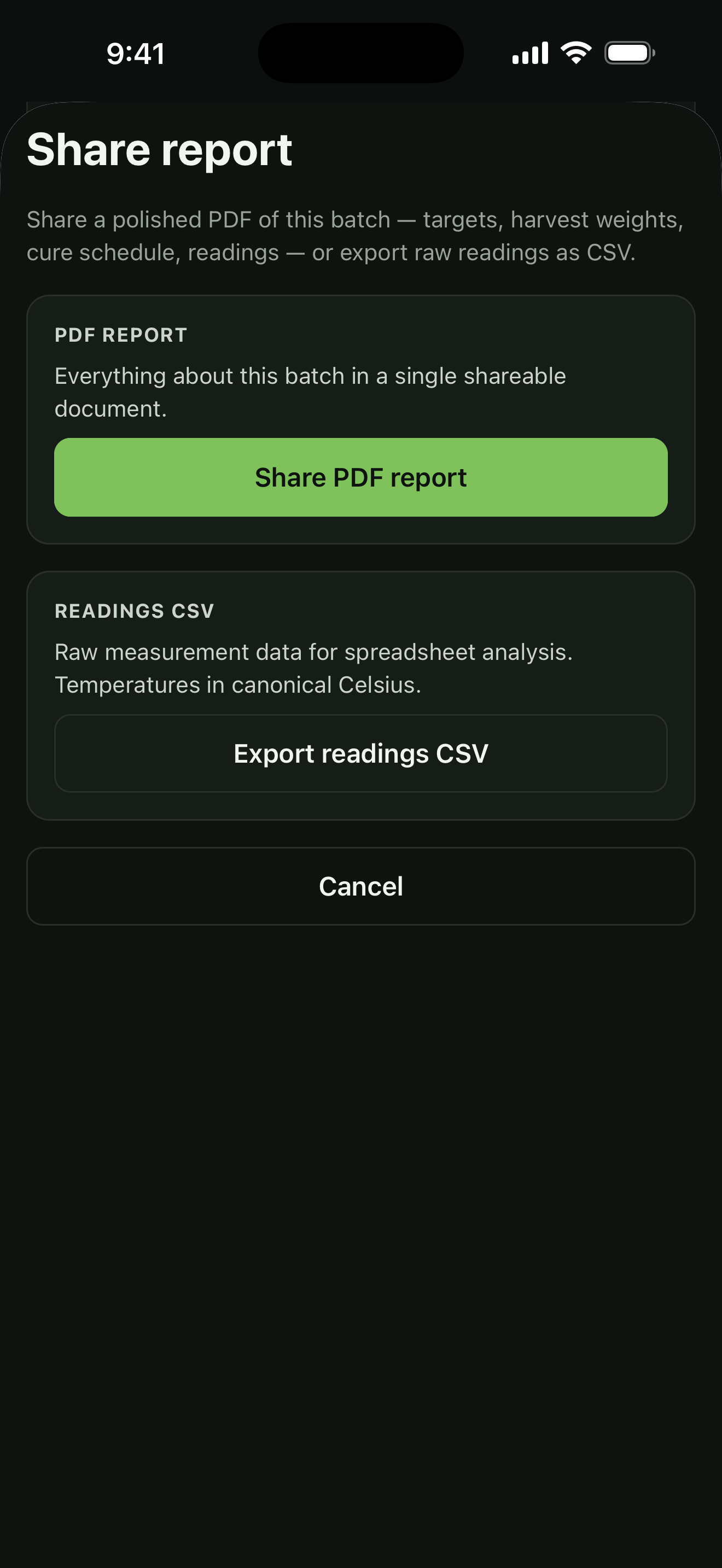 Cure share report sheet with PDF and CSV export options