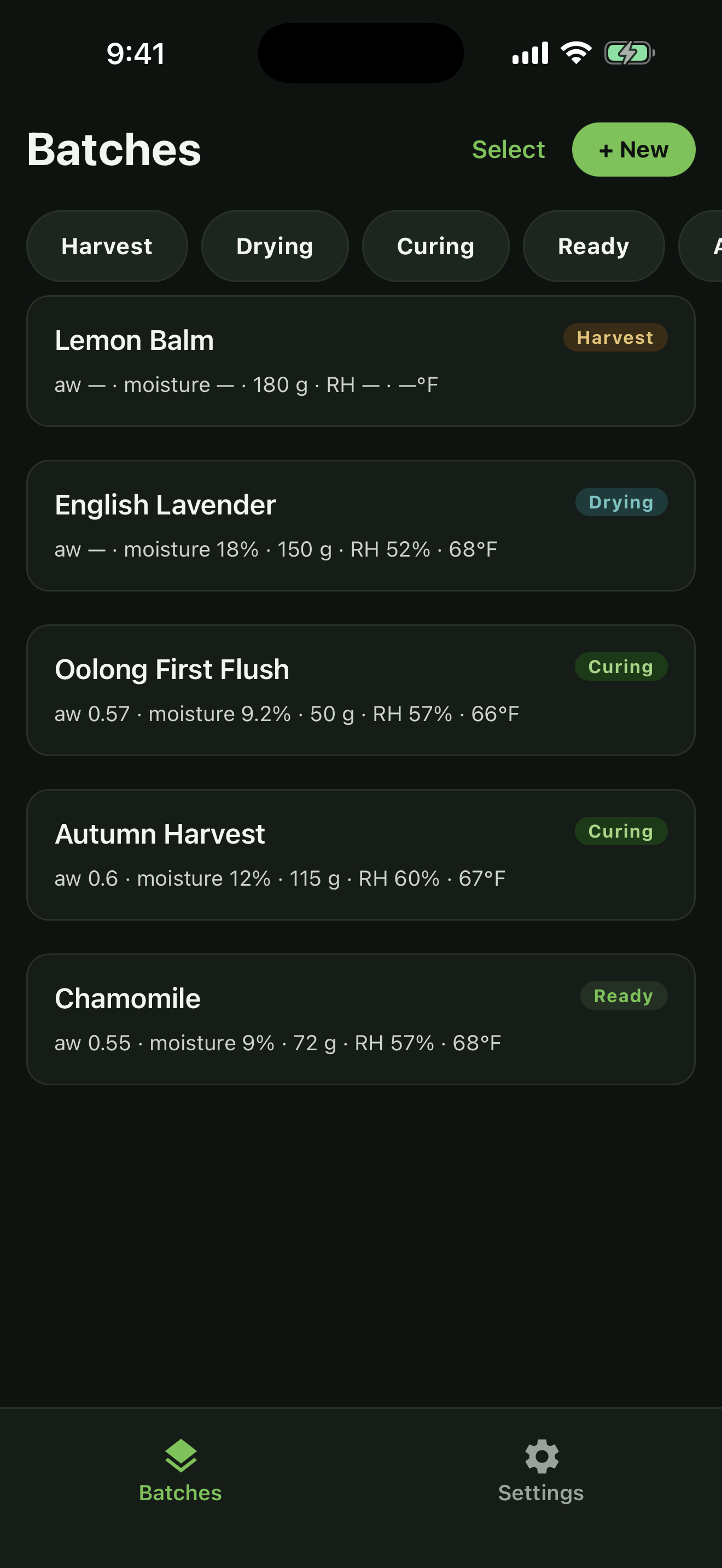 Cure batches list