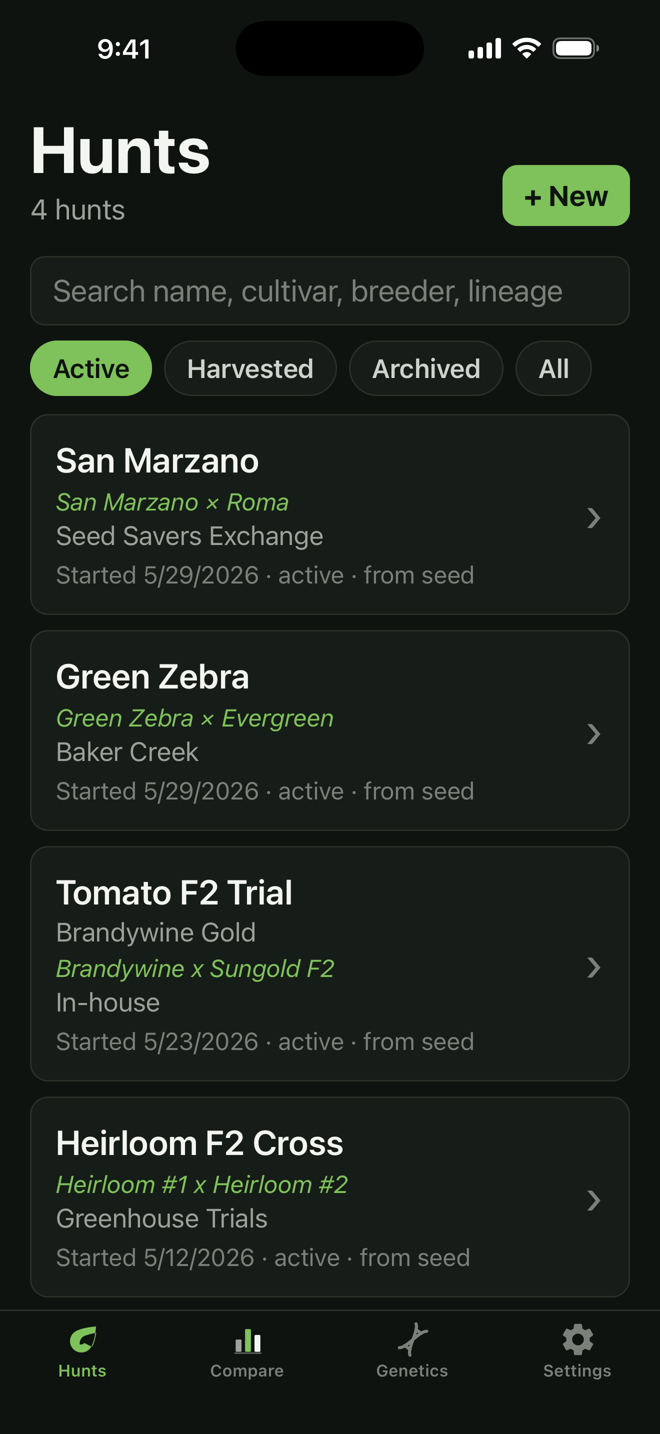 PhenoLog app showing the Hunts list