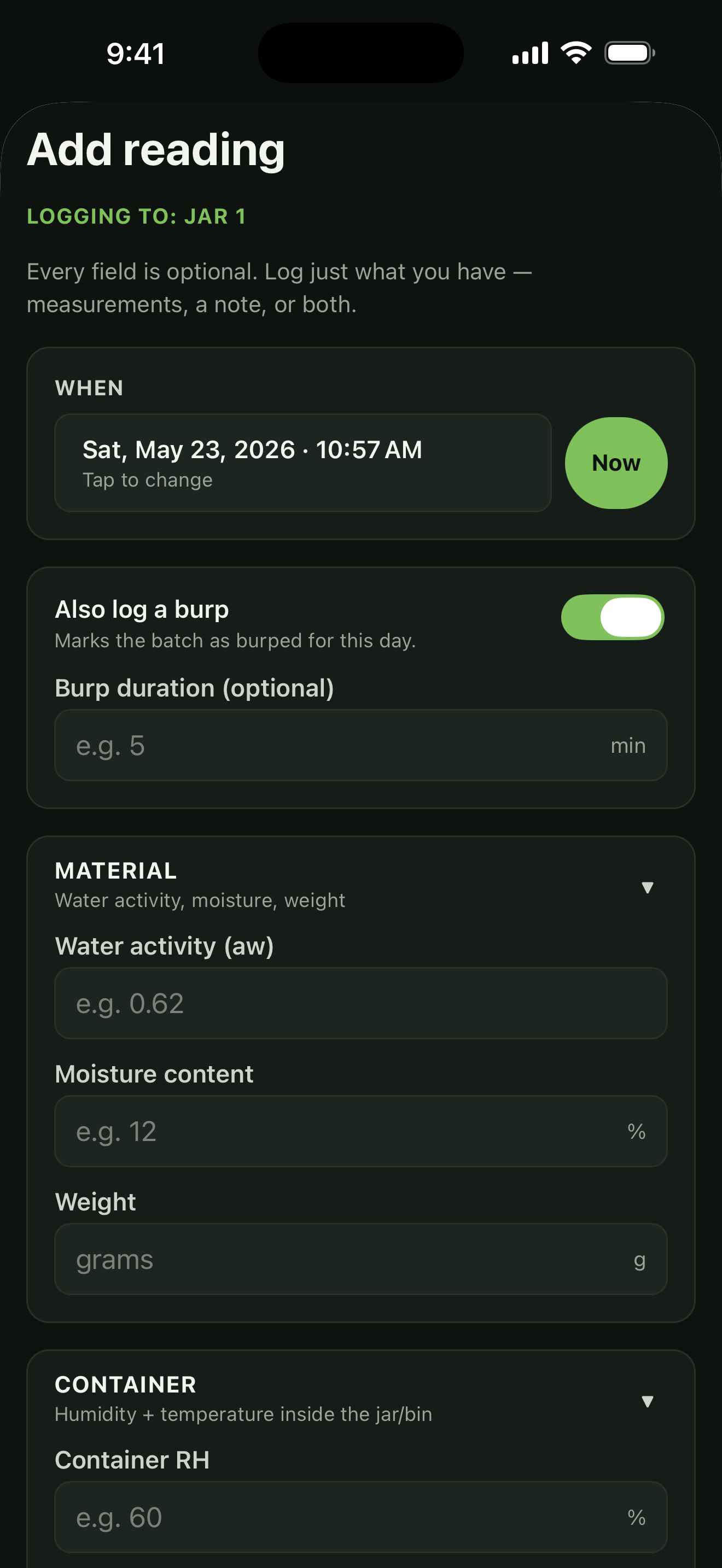 Cure reading entry for water activity and moisture