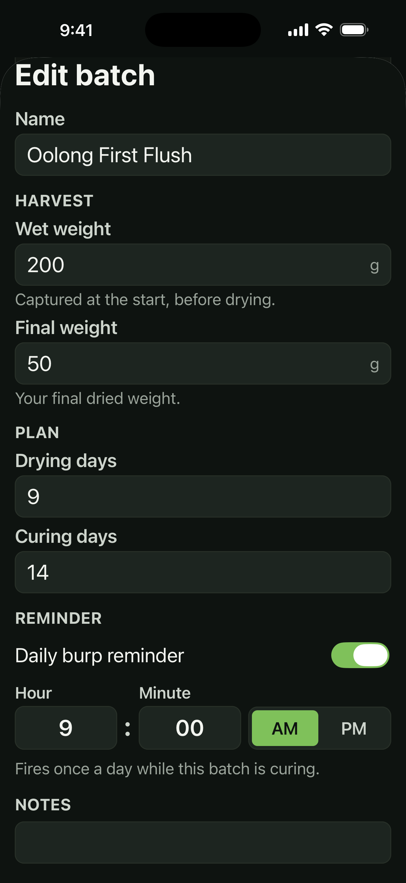 Cure edit batch screen with the daily burp reminder toggle and time picker