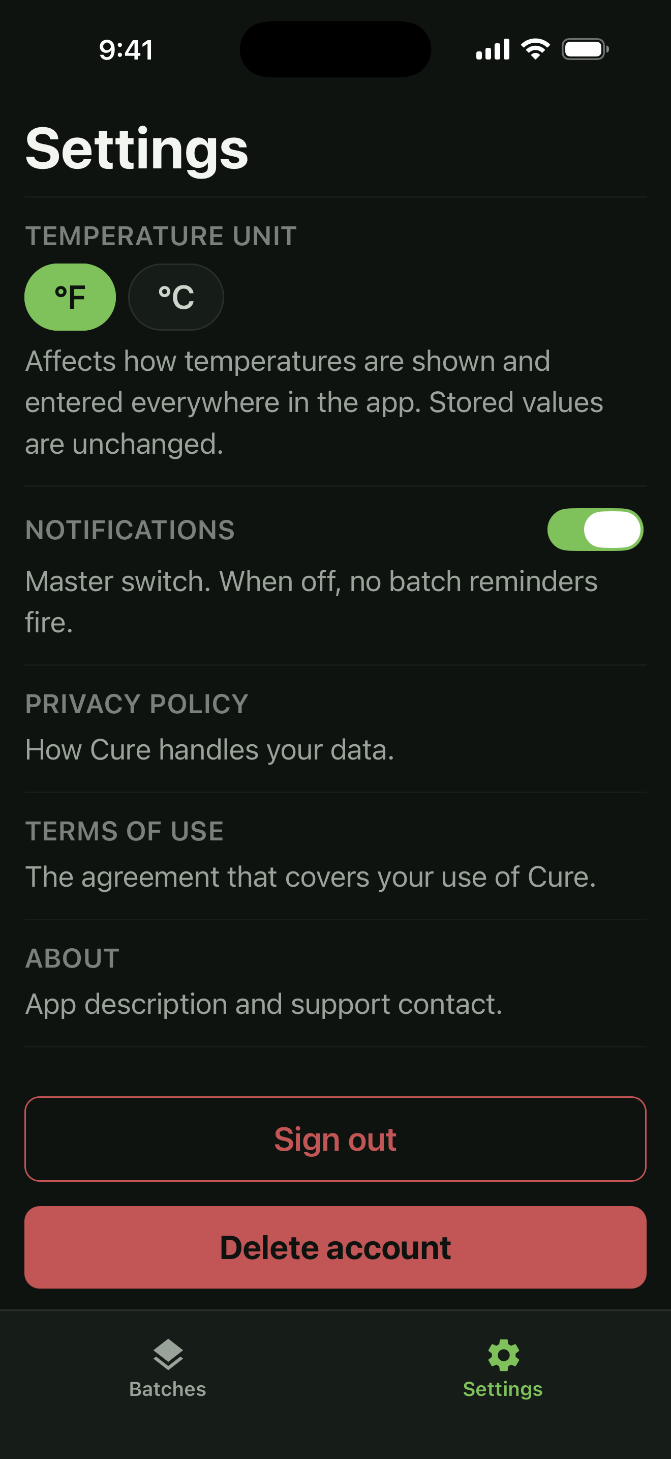 Cure settings screen with temperature unit, notifications, and account controls