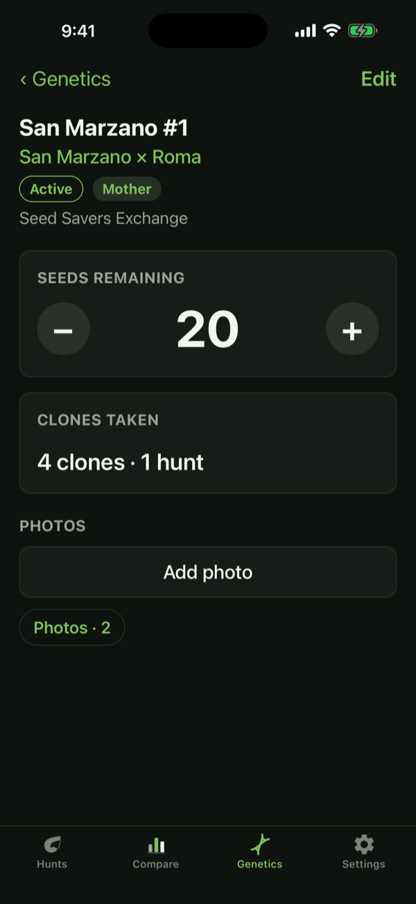 A cultivar detail card in PhenoLog showing lineage, clones, and seeds
